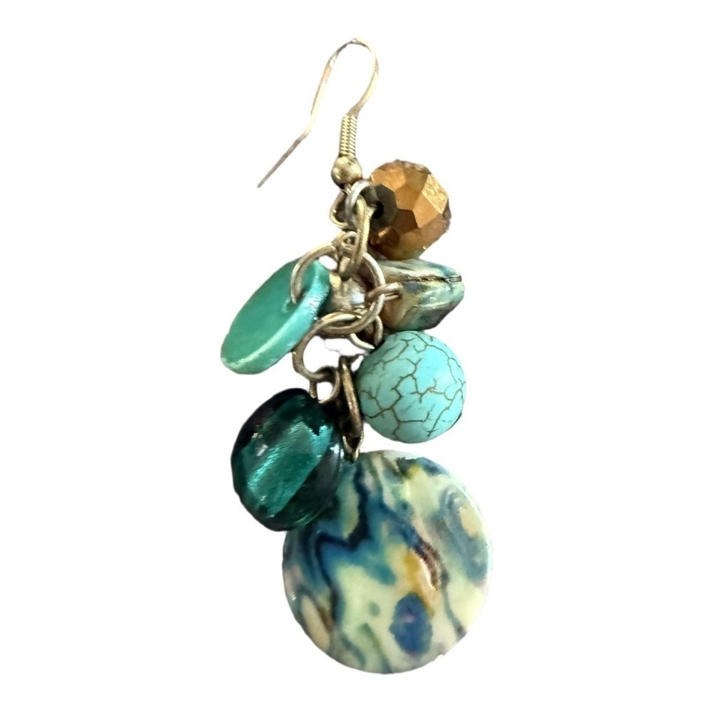 Turquoise stone Gold Dangle Earrings Boho Circle Disk Blue Bohemian - Picture 3 of 4